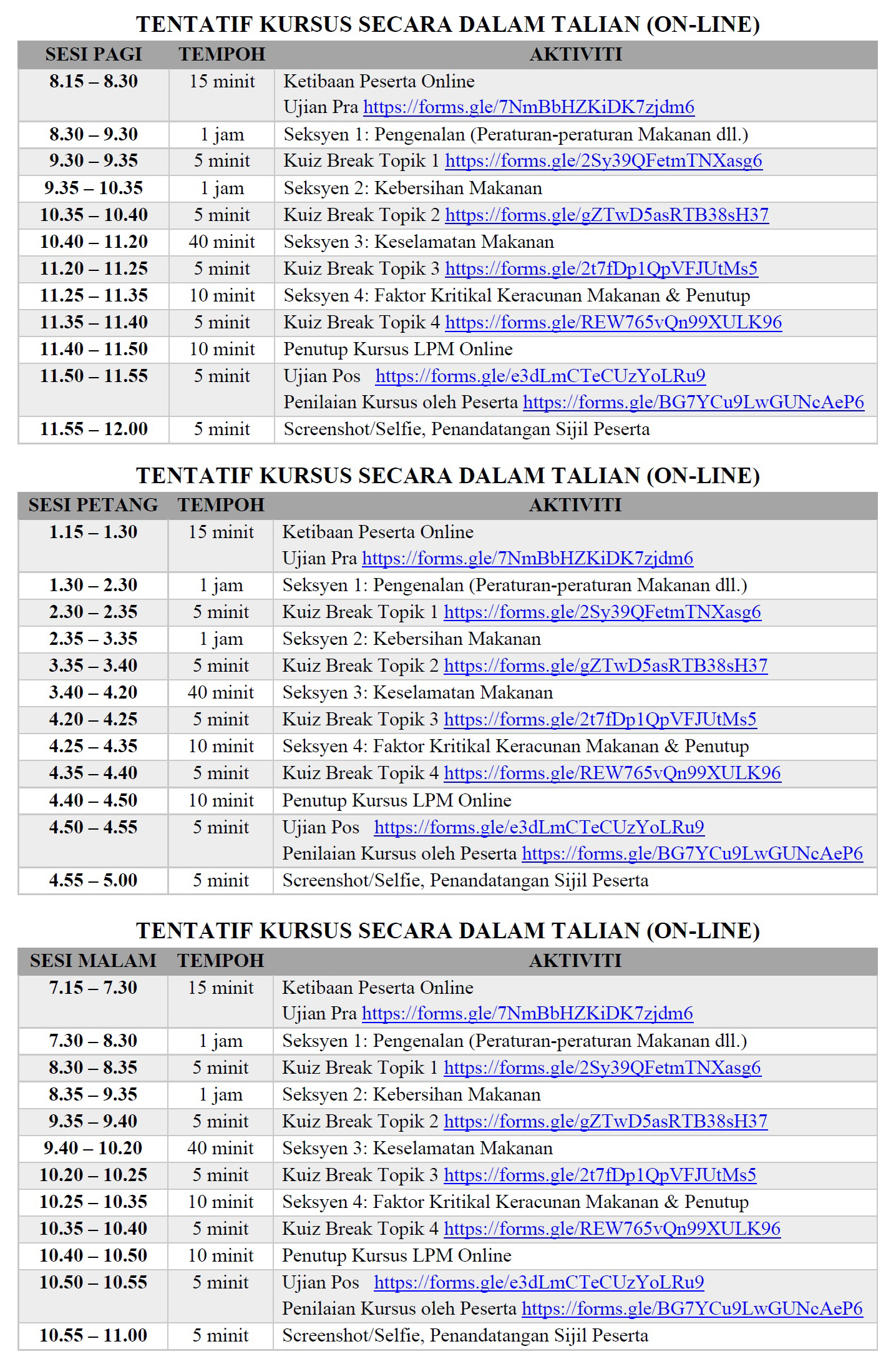 TENTATIF KURSUS PENGENDALIAN MAKANAN ON-LINE (via ZOOM Meeting)