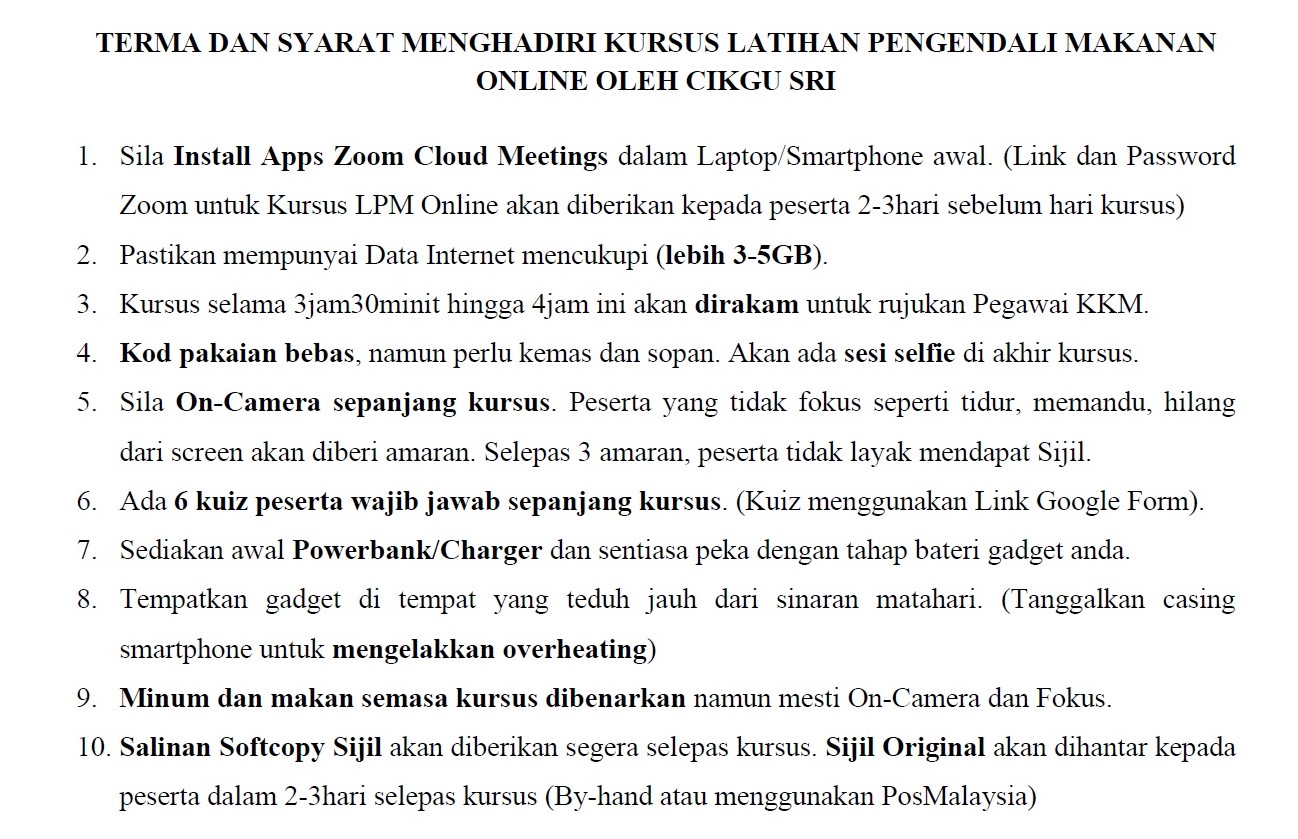 SYARAT KURSUS PENGENDALIAN MAKANAN ON-LINE